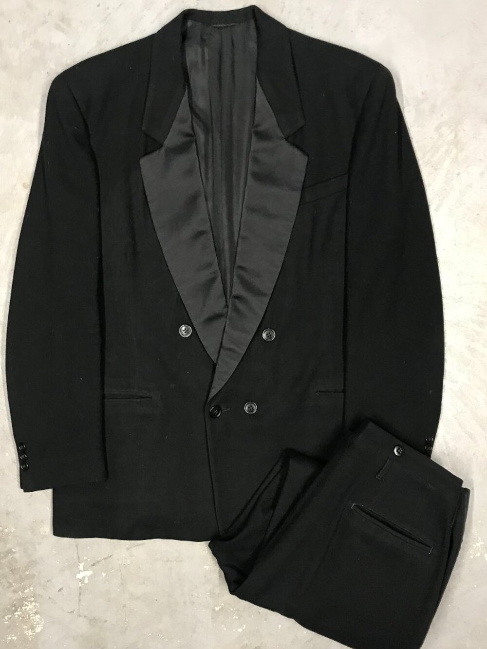 Vintage 1940s Bespoke Double Breasted Tuxedo Handmade Wool Silk Black 38R 30x31
